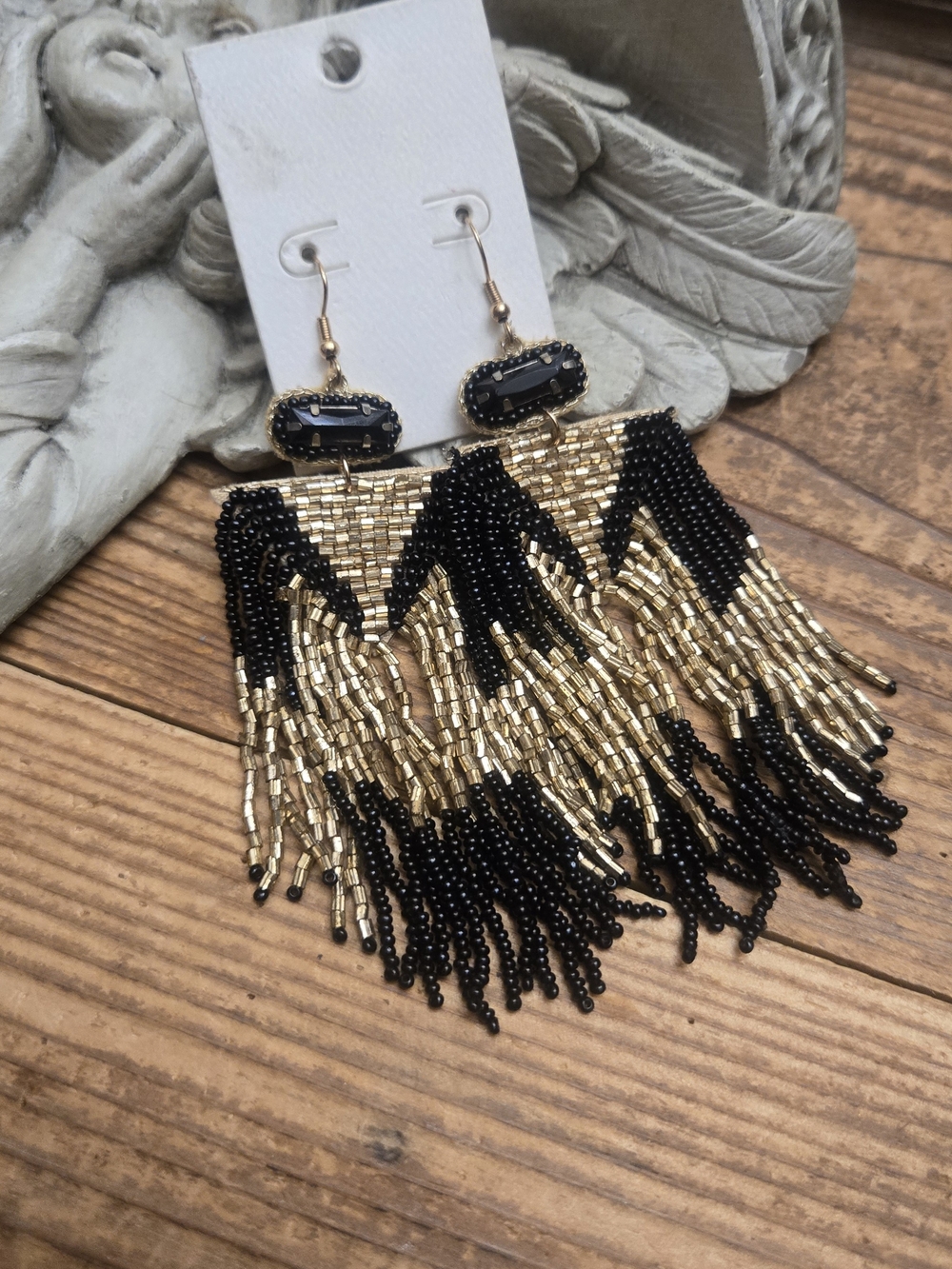 Hand-Beaded Black and Gold Fringe Earrings